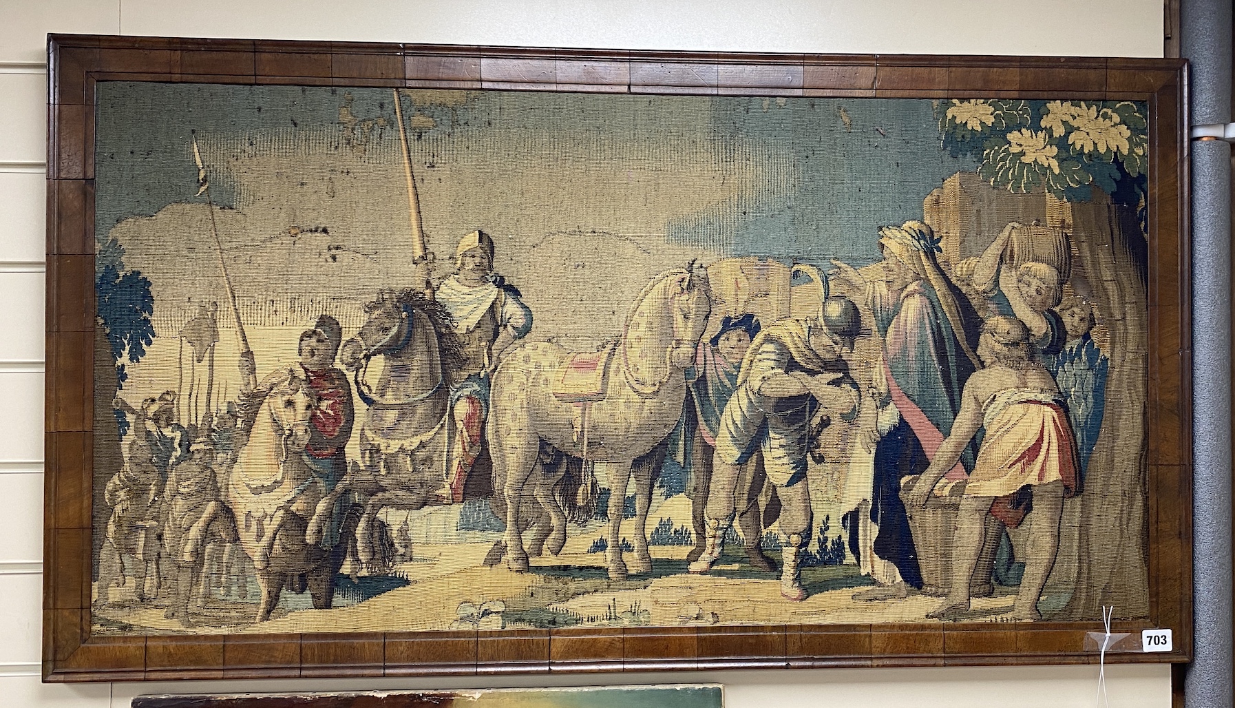 A Victorian tapestry picture depicting Crusader Knights receiving a blessing from a clerical figure, NB: From the Estate of Rt Hon Lord Lawson of Blaby